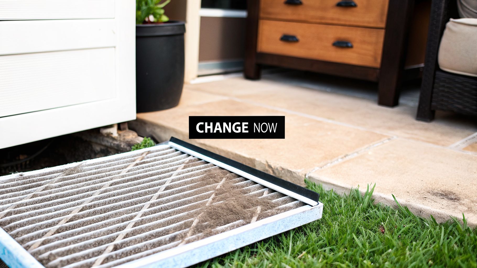 A very dirty furnace air filter lying on green grass next to an outdoor unit, signaling it needs changing.