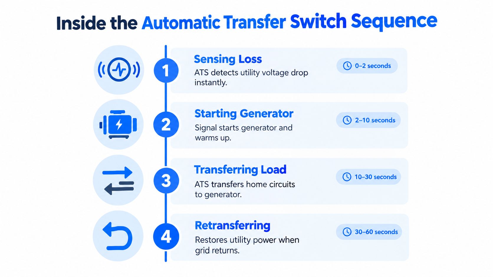 A diagram illustrating the four-step automatic transfer switch sequence for home backup power generators.