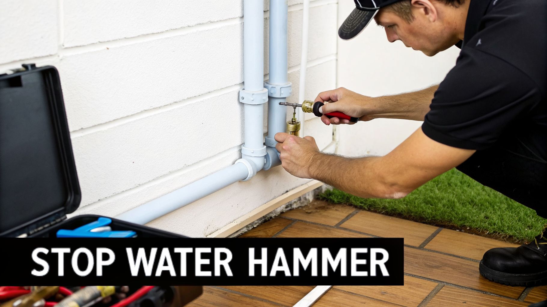 A plumber in a cap adjusts an outdoor water pipe system with a tool to stop water hammer.