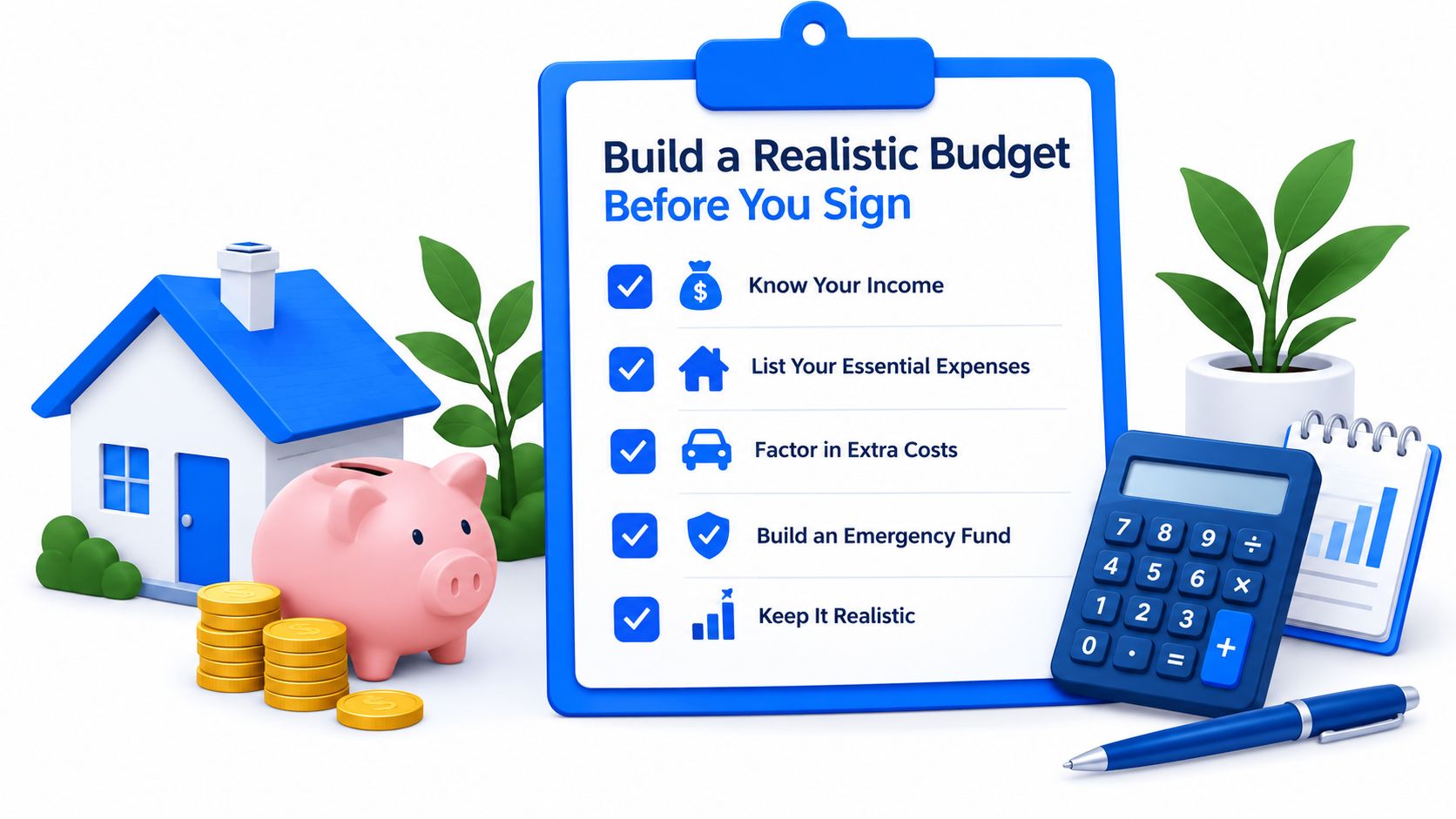 A 3D illustration showing a house, piggy bank, coins, calculator, and a checklist for building a budget.