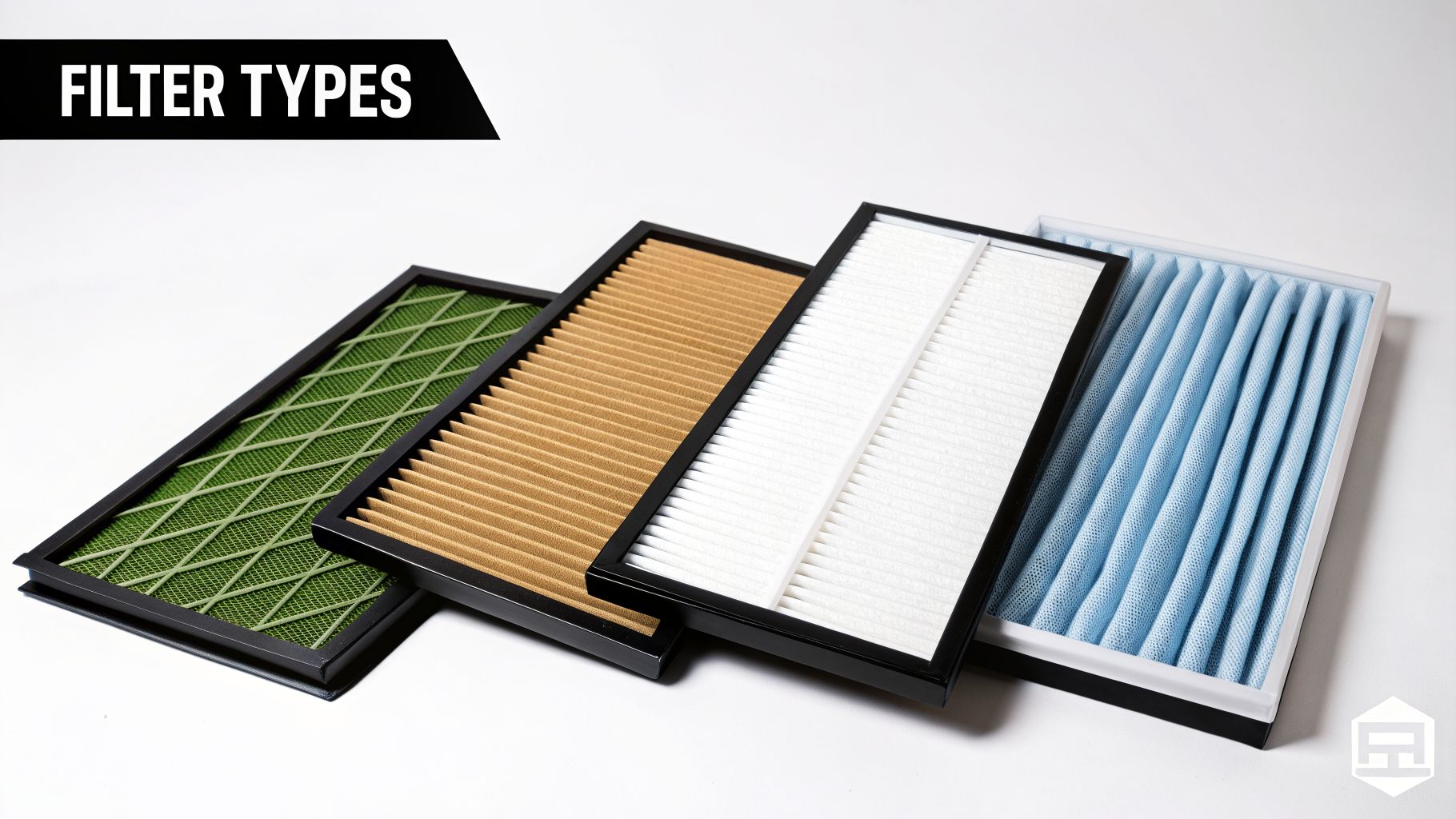 A diagonal arrangement of four distinct air filters, showing various media types and pleat patterns.