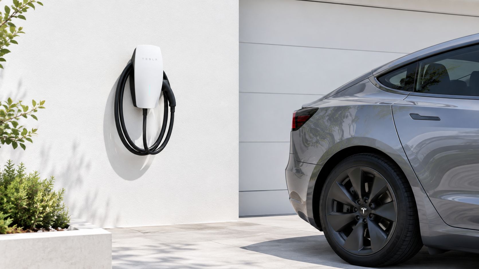 A modern grey Tesla electric car parked beside a wall-mounted Tesla Wall Connector charger at home.
