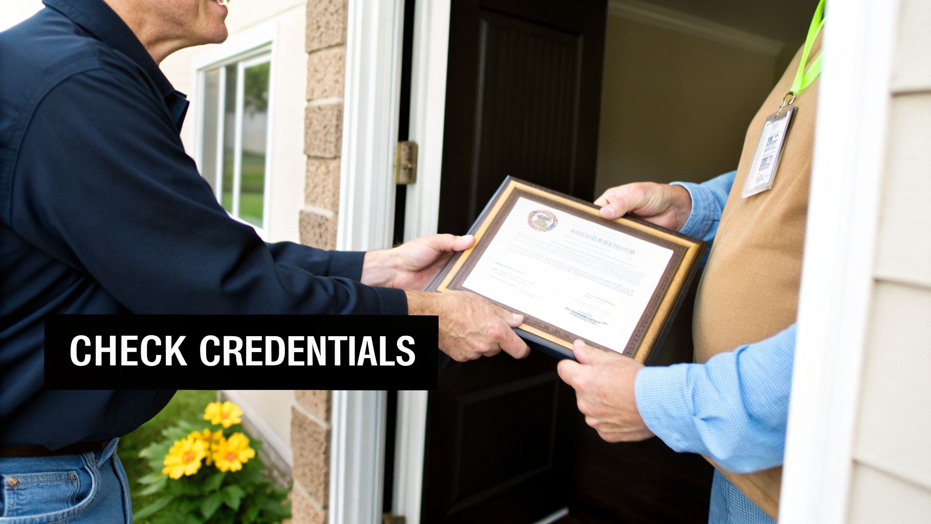 A man presenting official credentials to a homeowner at the front door, emphasizing checking credentials.