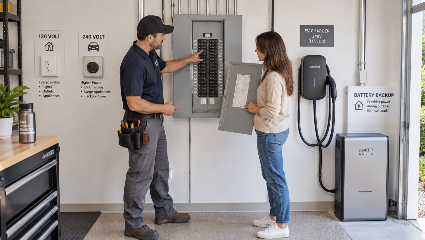 An electrician shows a homeowner their electrical panel setup for EV charging and battery backup systems.