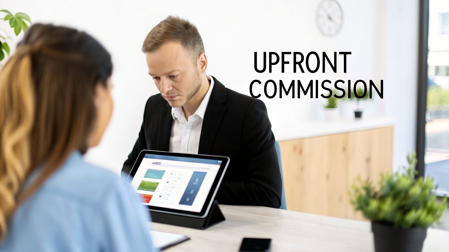 Man in a suit looking at a tablet during an office meeting, with 'UPFRONT COMMISSION' text.