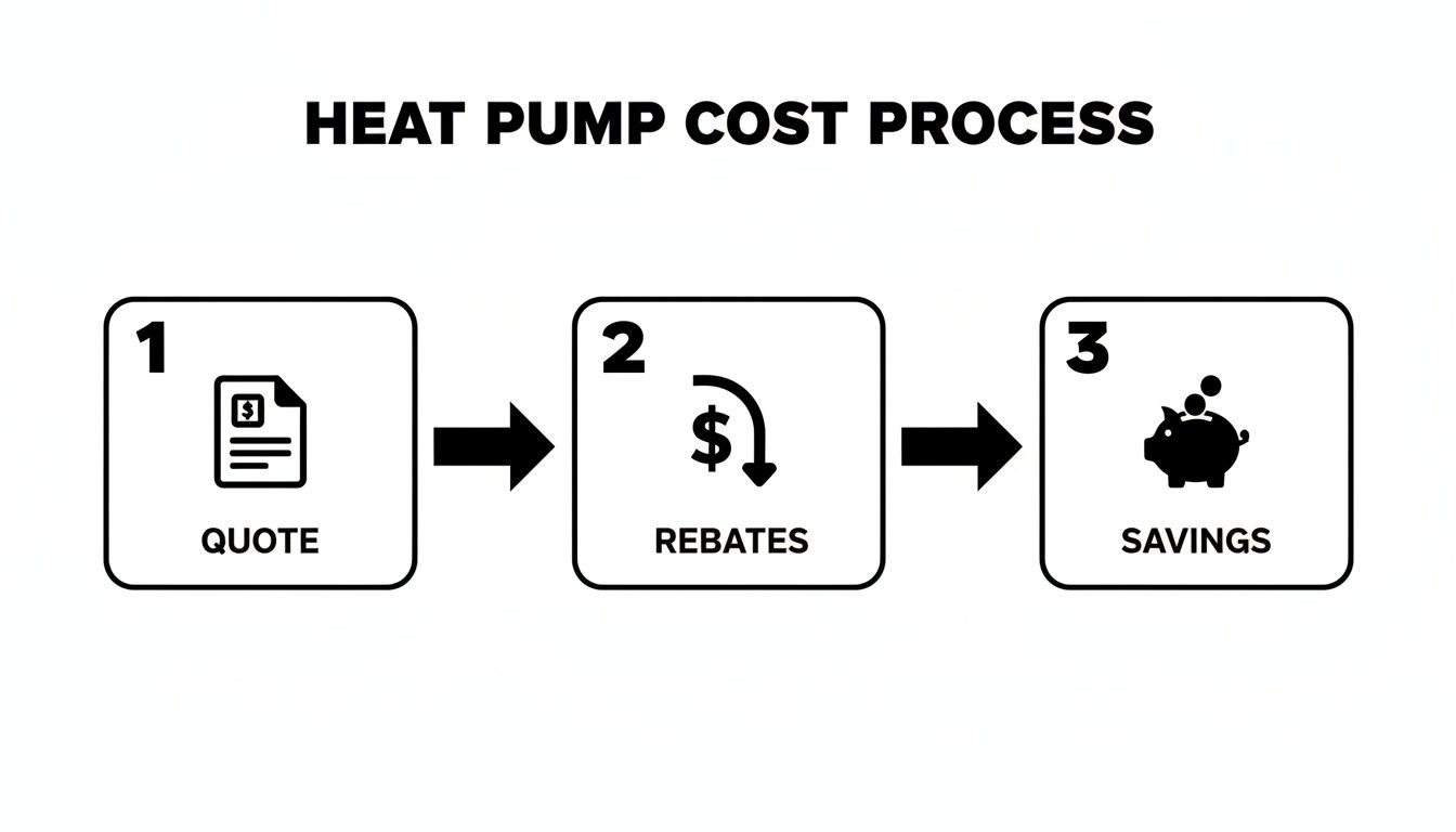 heat pump installation near me cost process Heat Pump Installation Near Me in West Michigan Before you even start searching for heat pump installation near me, it's worth asking a more basic question: is a heat pump a good choice for my home? For homeowners in West Michigan, the answer is a definite yes, thanks to incredible advances in cold-climate heat pump technology. Visual diagram illustrating the three-step heat pump cost process: quote, rebates, and savings.