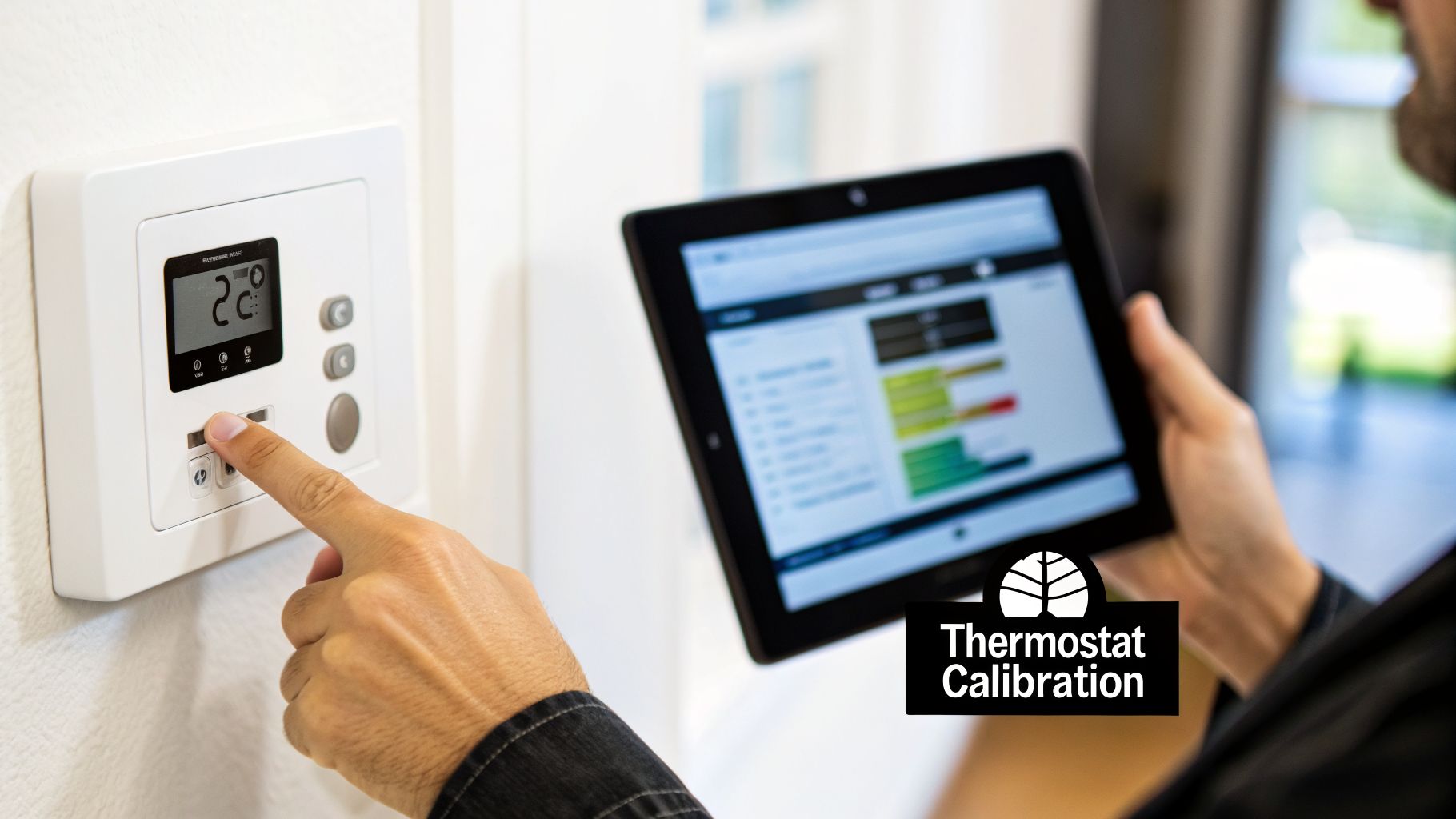 A person adjusts a digital wall thermostat displaying 22°C while someone monitors system data on a tablet.