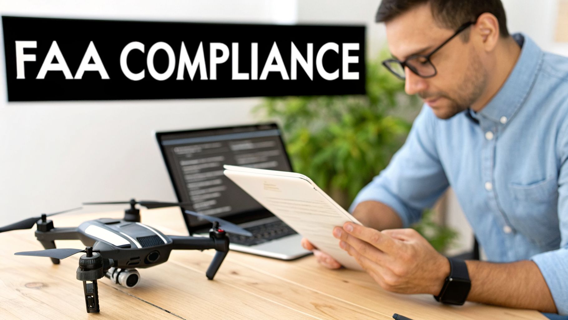 A man reviews FAA compliance documents for drones, with a drone and laptop on a wooden desk.