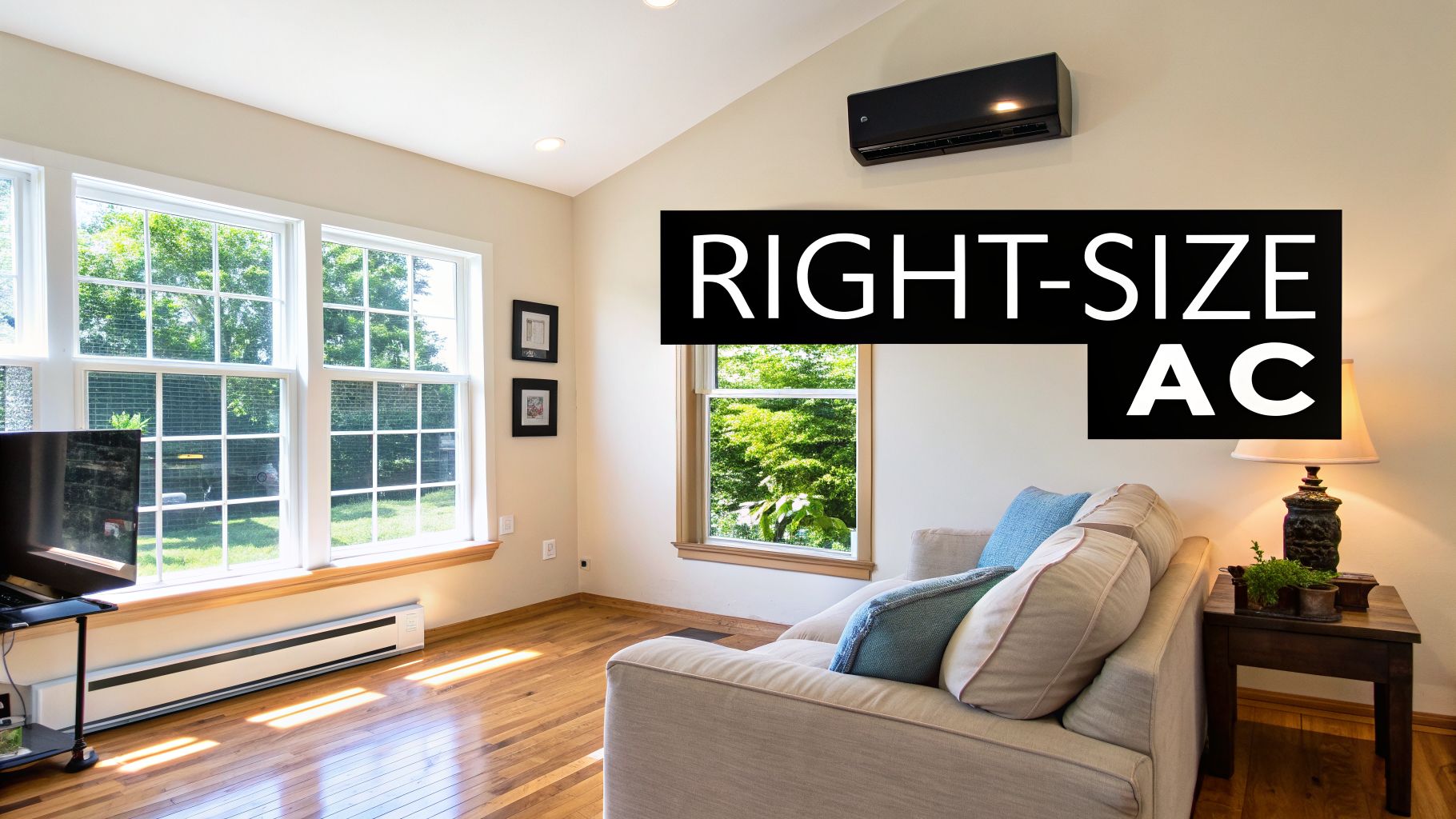 A bright living room featuring a wall-mounted black AC unit, large windows, and a comfortable sofa with pillows. Text overlay reads 'RIGHT-SIZE AC'.