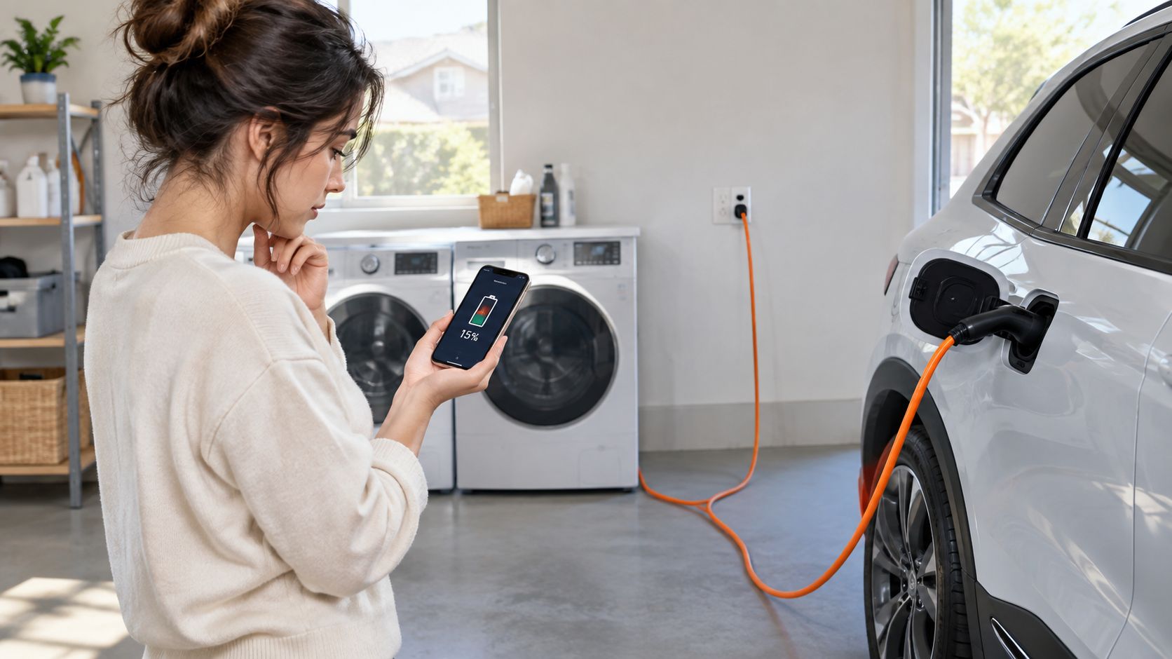 A woman checking the battery status of her electric vehicle on her smartphone in a home garage.