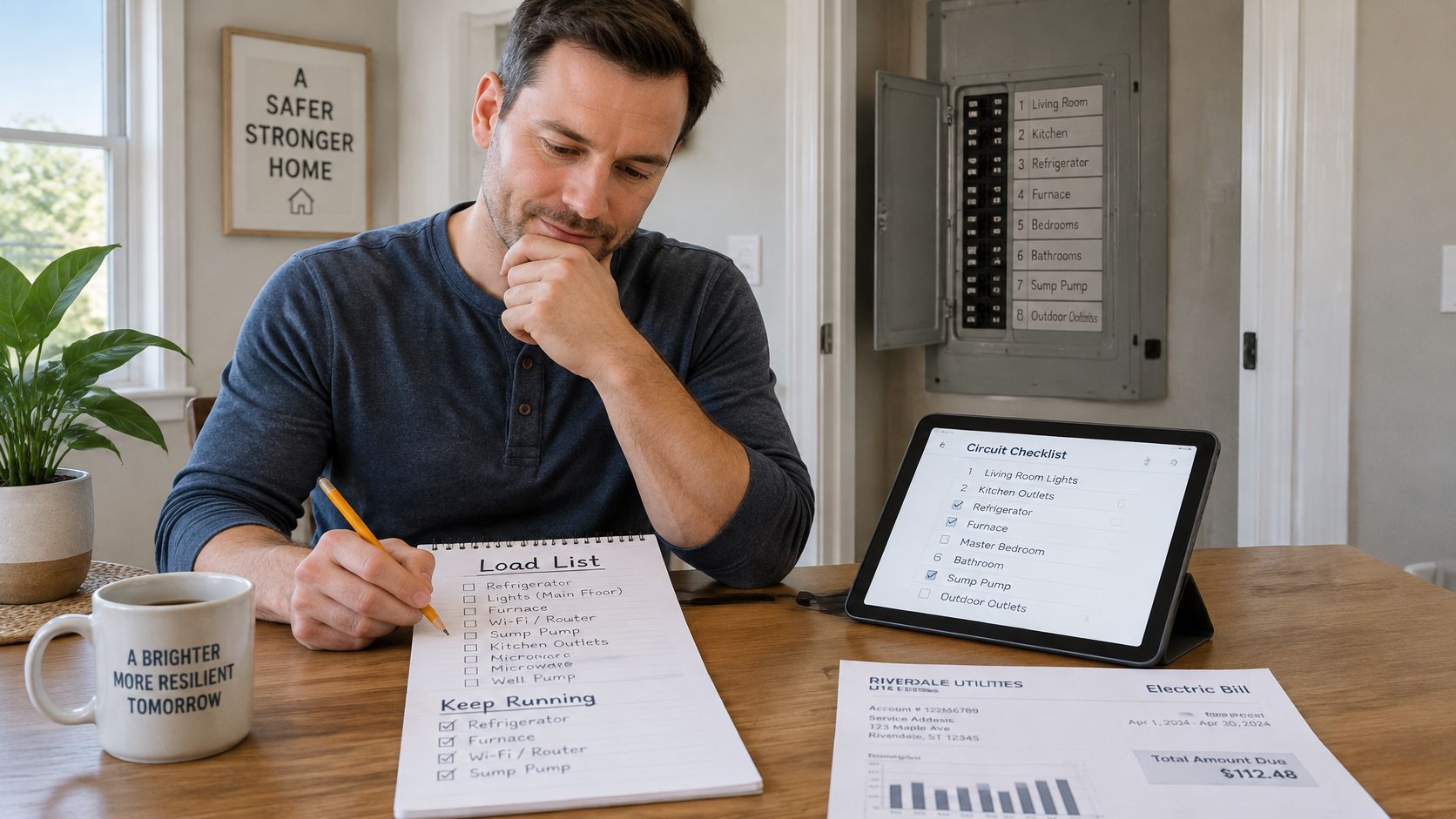 A man sits at a table planning a battery backup system for his home using a checklist.