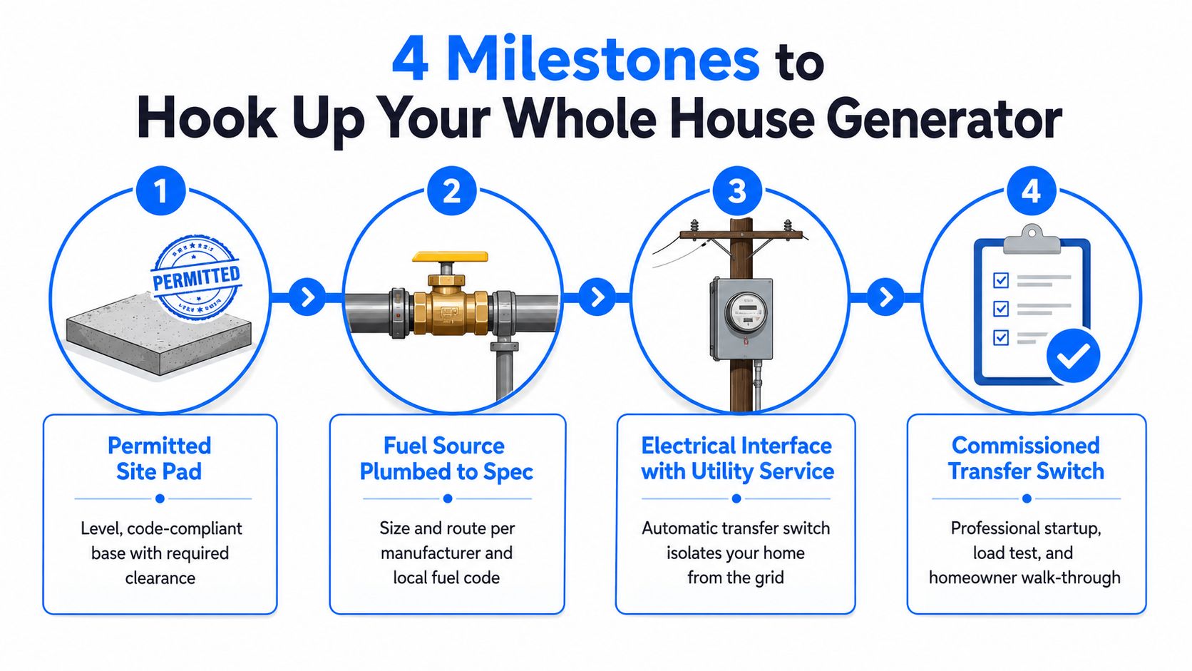 An infographic showing four steps to hook up a whole house generator, including site preparation and installation.