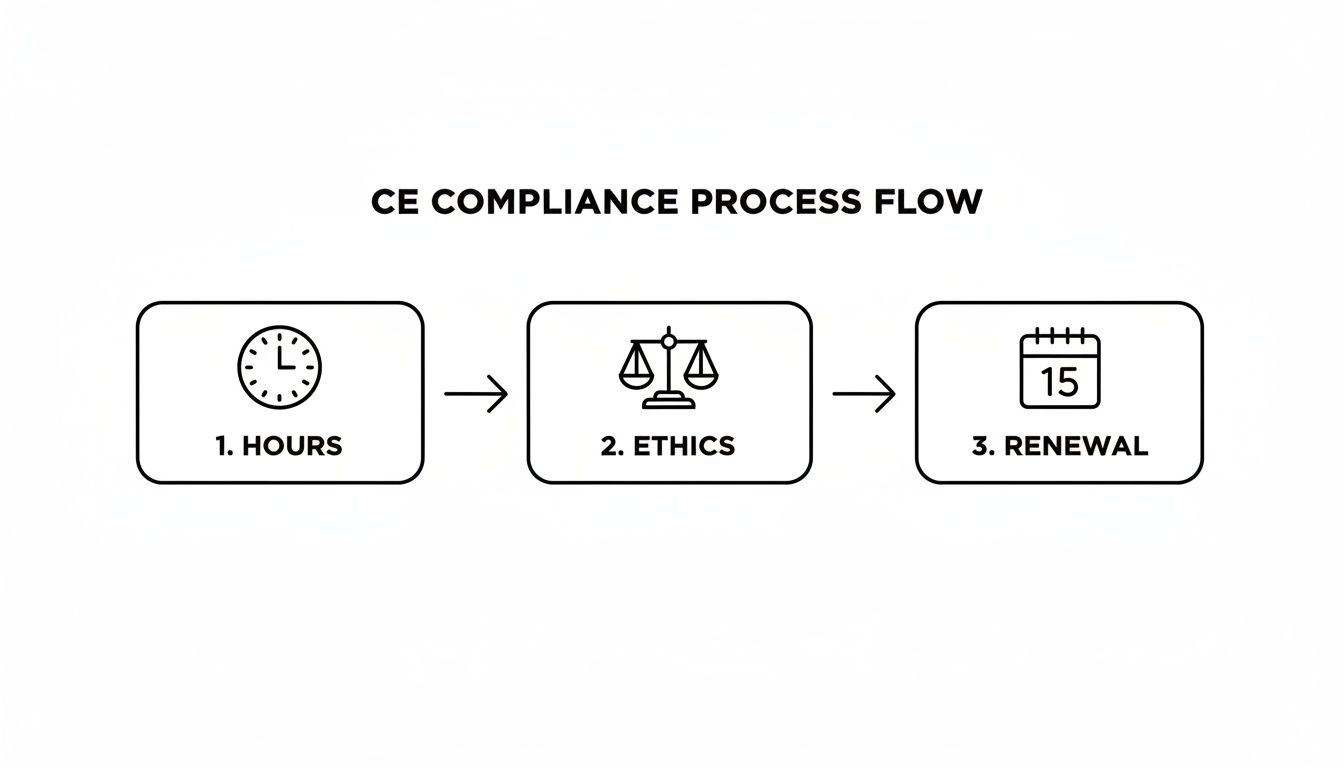 A three-step flowchart illustrates the CE compliance process: 1. Hours, 2. Ethics, and 3. Renewal.