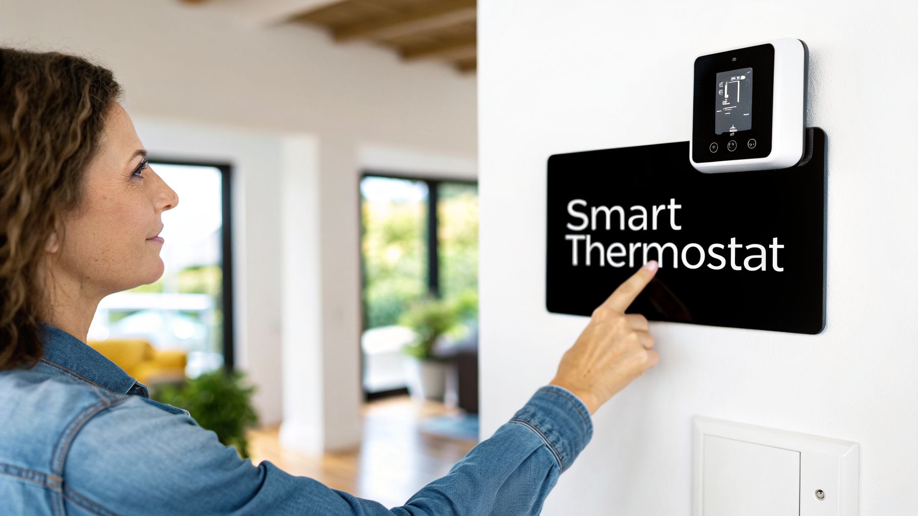 A woman pointing at a modern smart thermostat mounted on a white wall in a home.