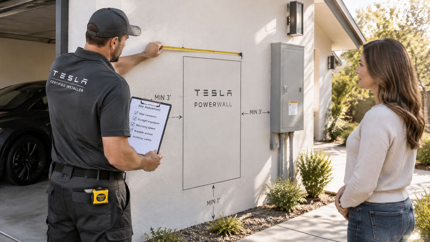 A professional Tesla certified installer conducts a home site assessment for a future Powerwall battery installation.
