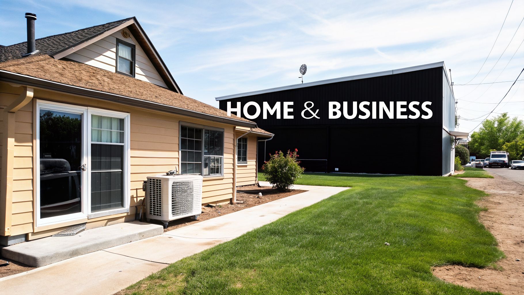 A modern house with an air conditioner next to a black commercial building labeled "HOME & BUSINESS."