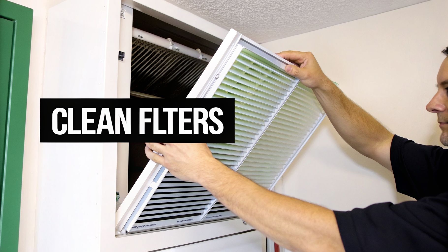A person replaces a dirty pleated air filter with a new, clean filter in an HVAC unit.