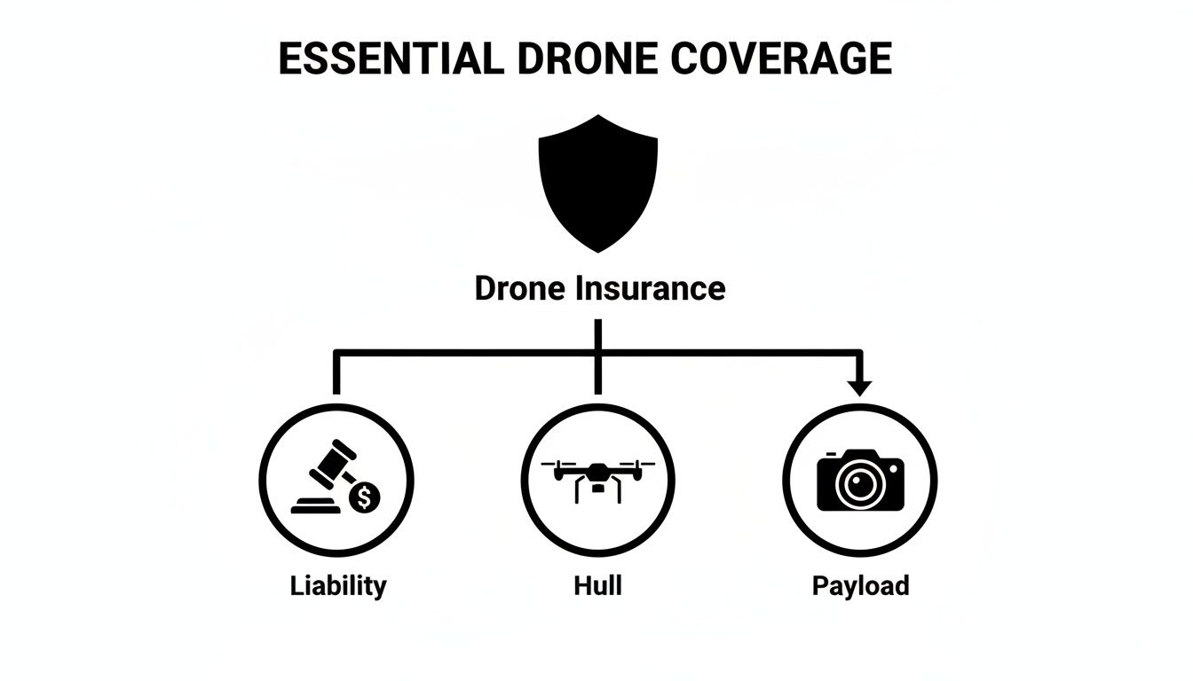 A diagram illustrating essential drone insurance coverage, including liability, hull, and payload protection options.