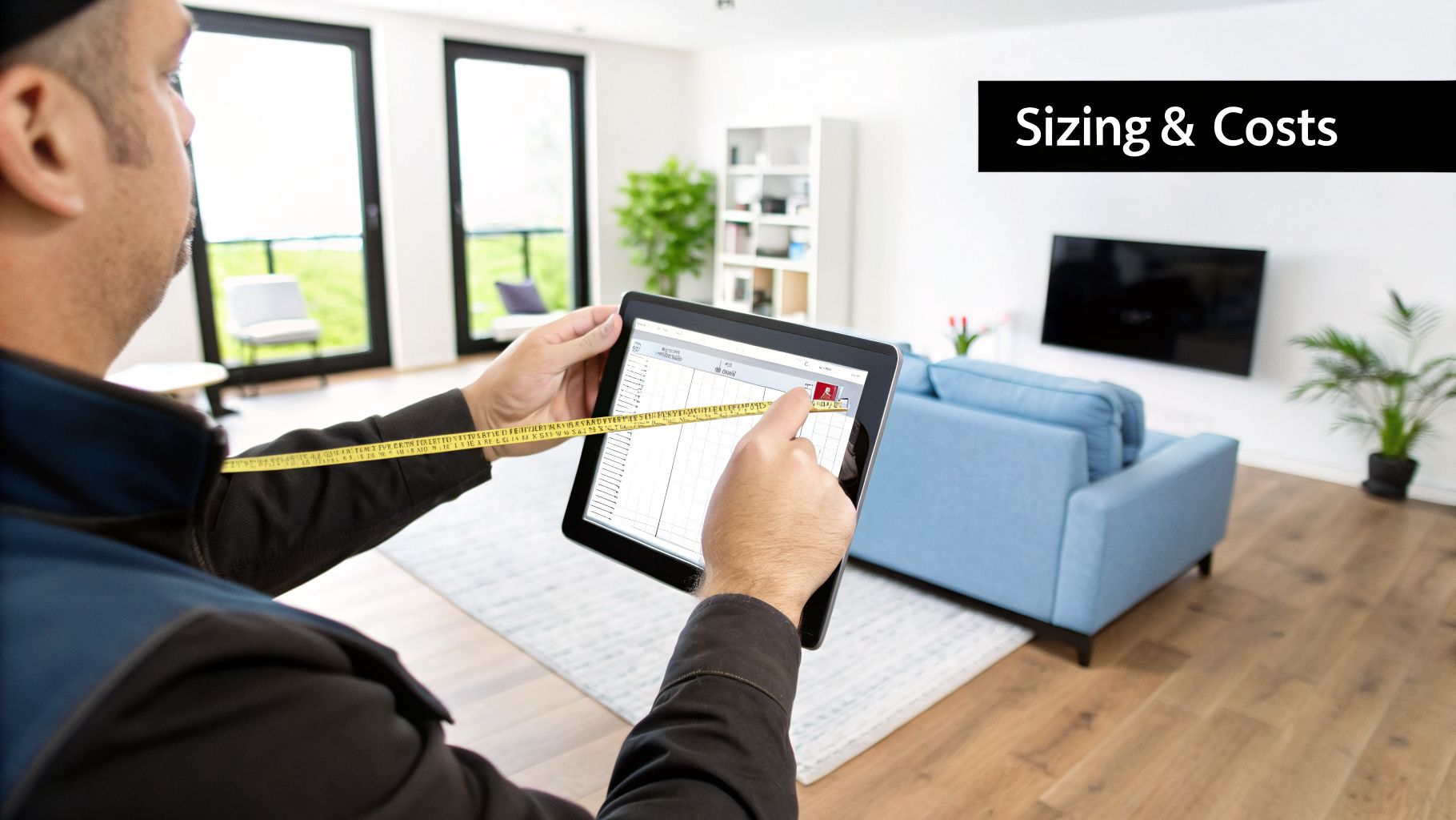 Man holding a measuring tape and using a tablet with "Sizing & Costs" displayed in a living room.
