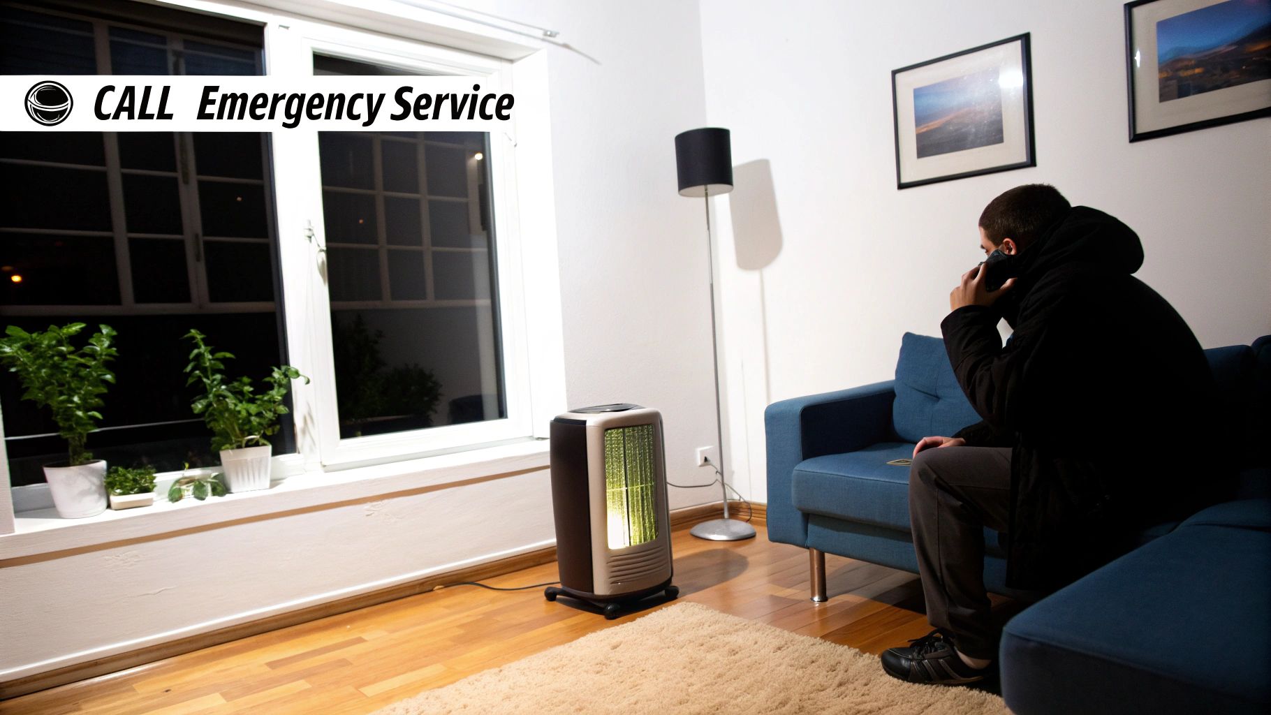 A man calls emergency services on the phone, sitting by a portable heater, implying a heating issue.