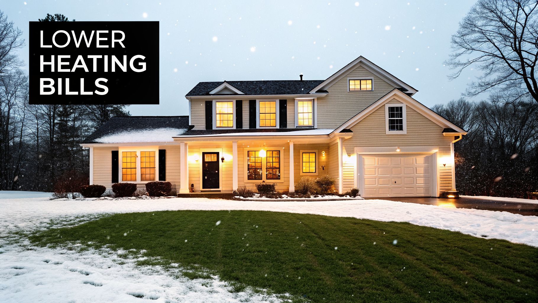 A cozy house in winter with snow falling, illuminated windows, and a 'LOWER HEATING BILLS' text overlay.
