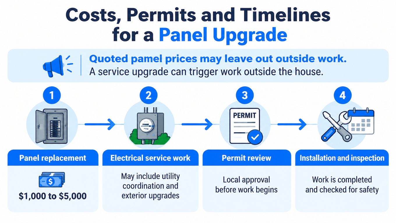 An infographic detailing the costs, permits, and process timeline for upgrading an electrical panel at home.