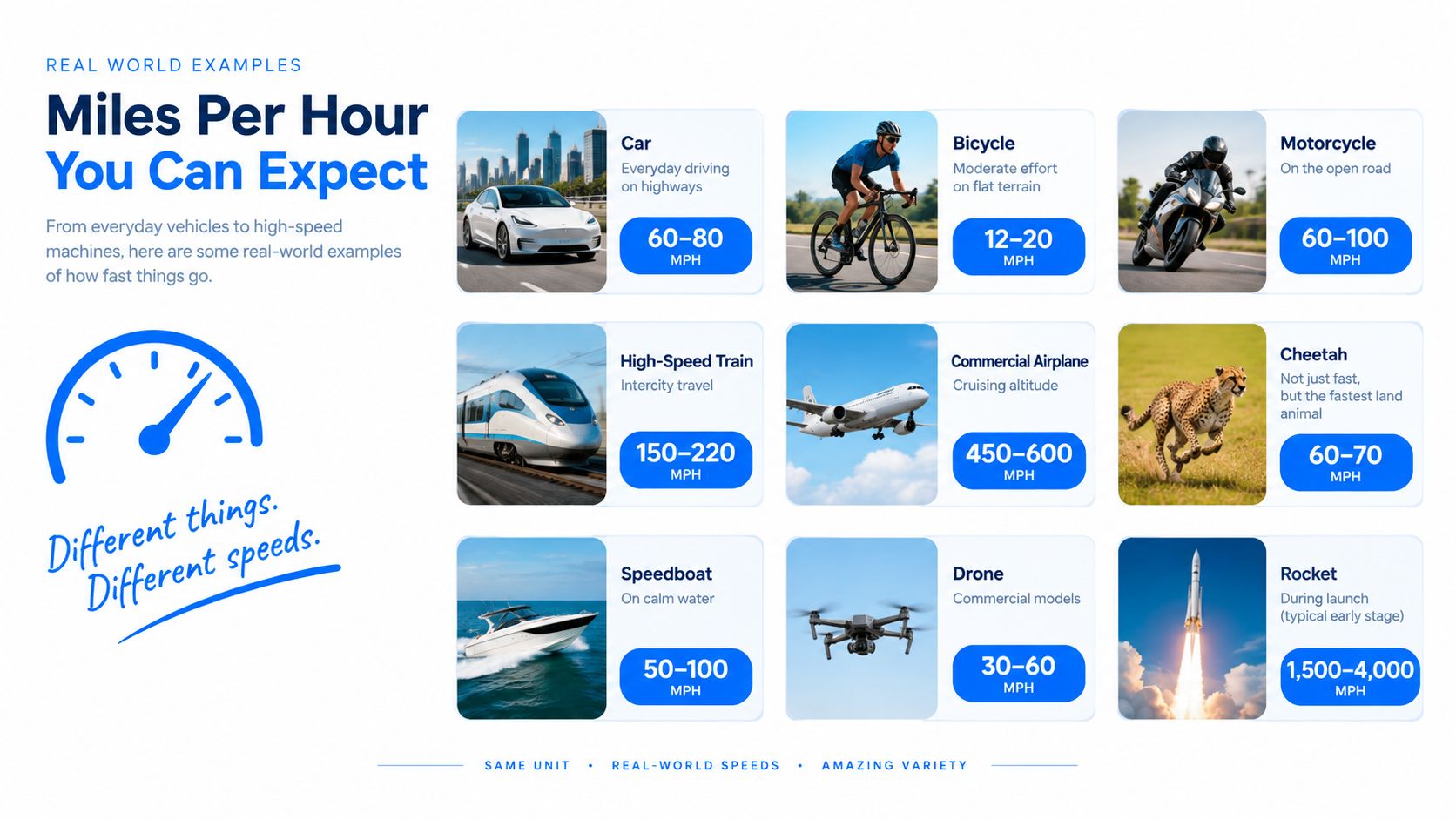A visual comparison infographic showing the typical miles per hour speeds of various vehicles and animals.