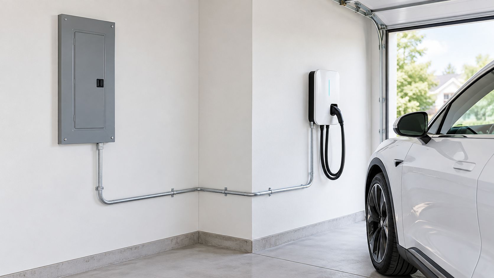 A modern electric vehicle charging station installed on a garage wall next to an electrical panel.