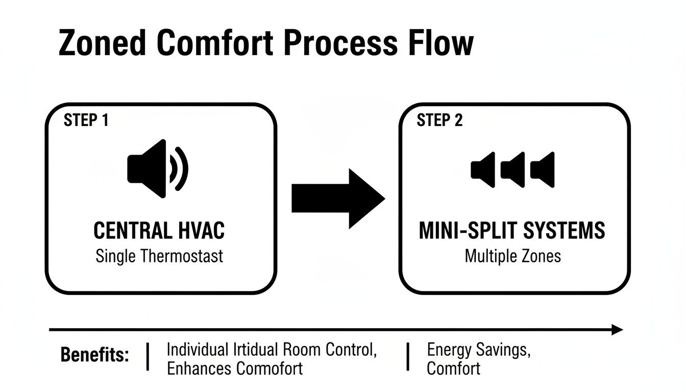 A process flow chart illustrating the transition from central HVAC with a single thermostat to mini-split systems with multiple zones, highlighting benefits.