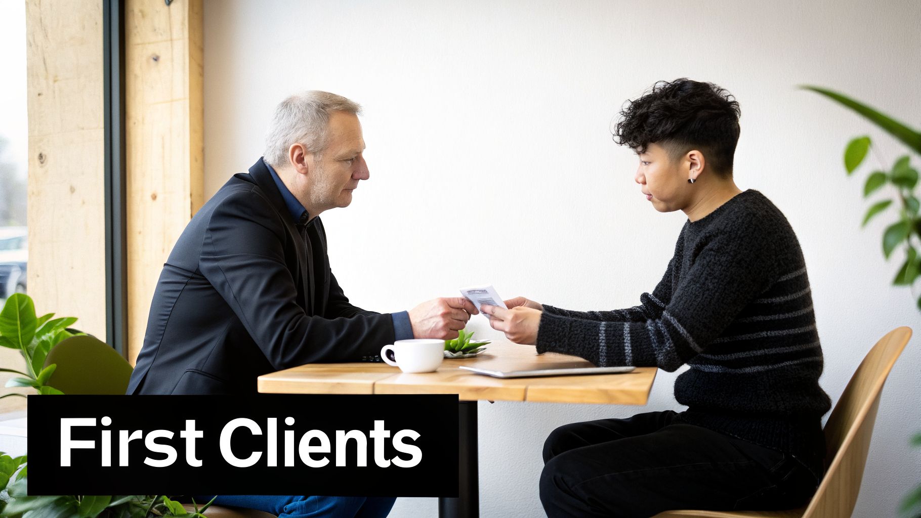 Two people exchange documents at a table during a business or client meeting.