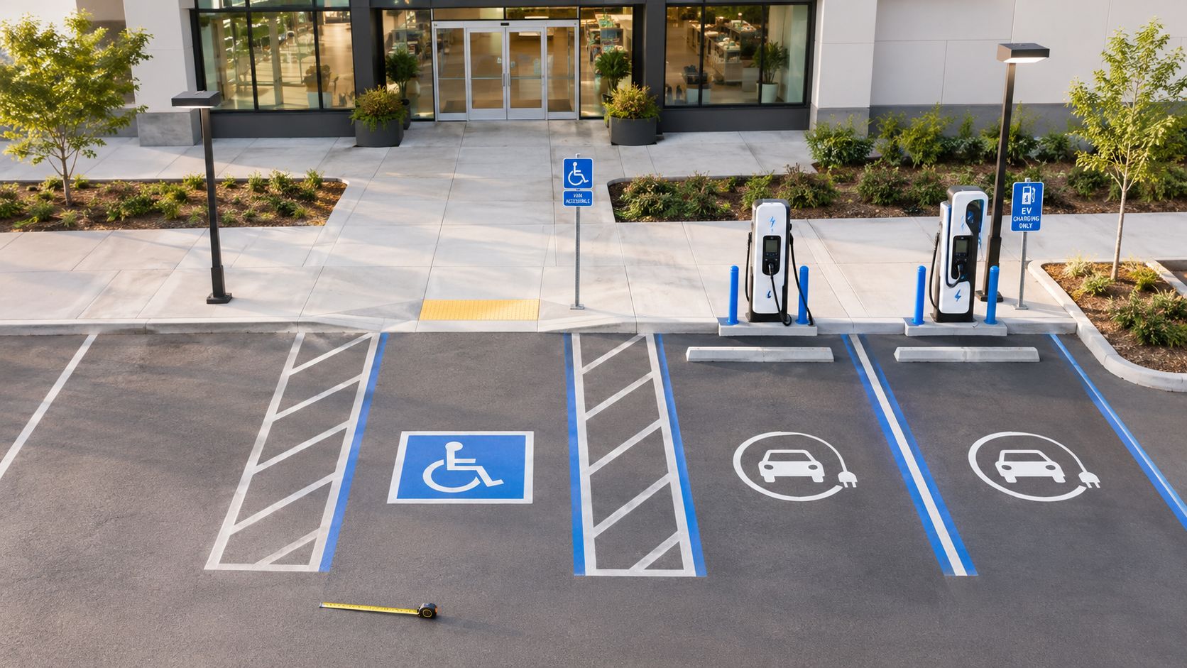 A high-angle view of accessible parking spaces with EV charging stations in front of a modern commercial building.