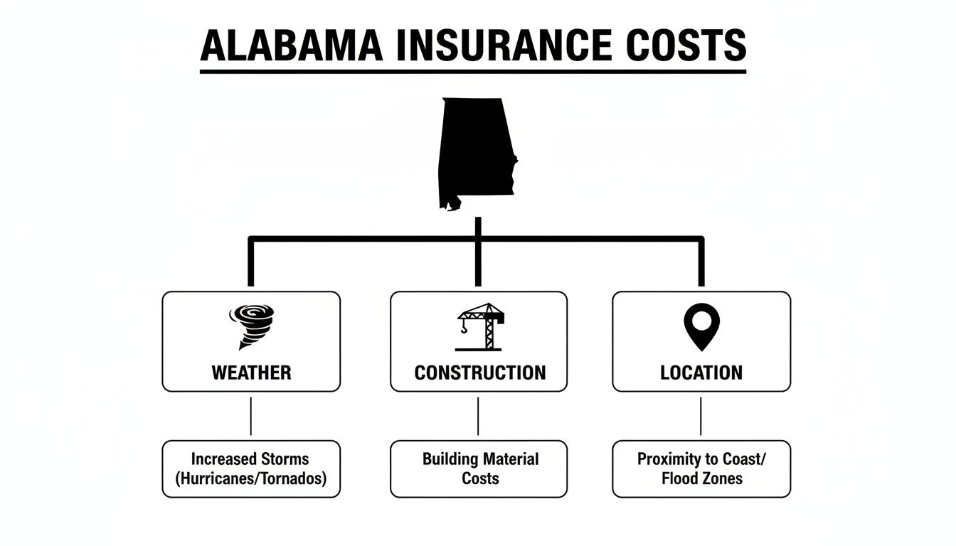 A diagram illustrating the factors influencing Alabama insurance costs: weather, construction, and location.
