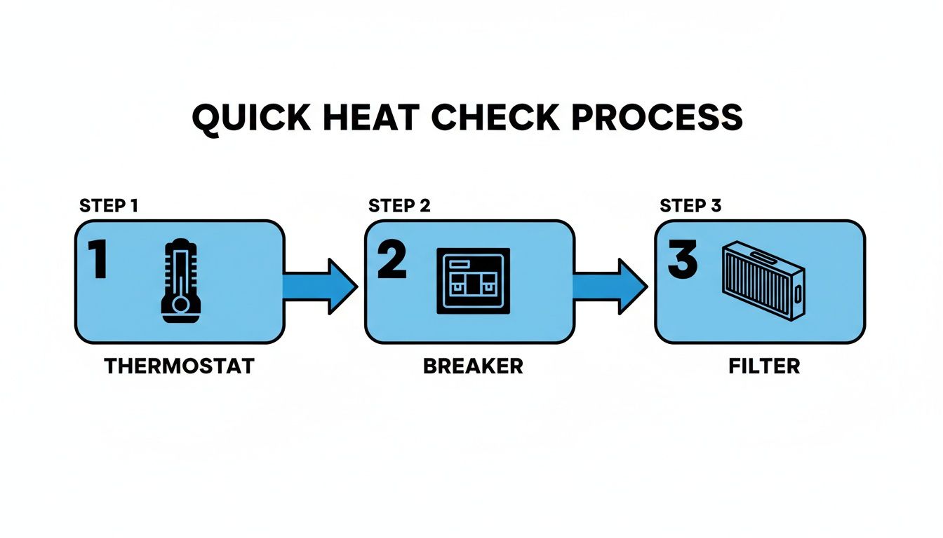 Diagram illustrating a quick heat check process with three steps: thermostat, breaker, and filter.