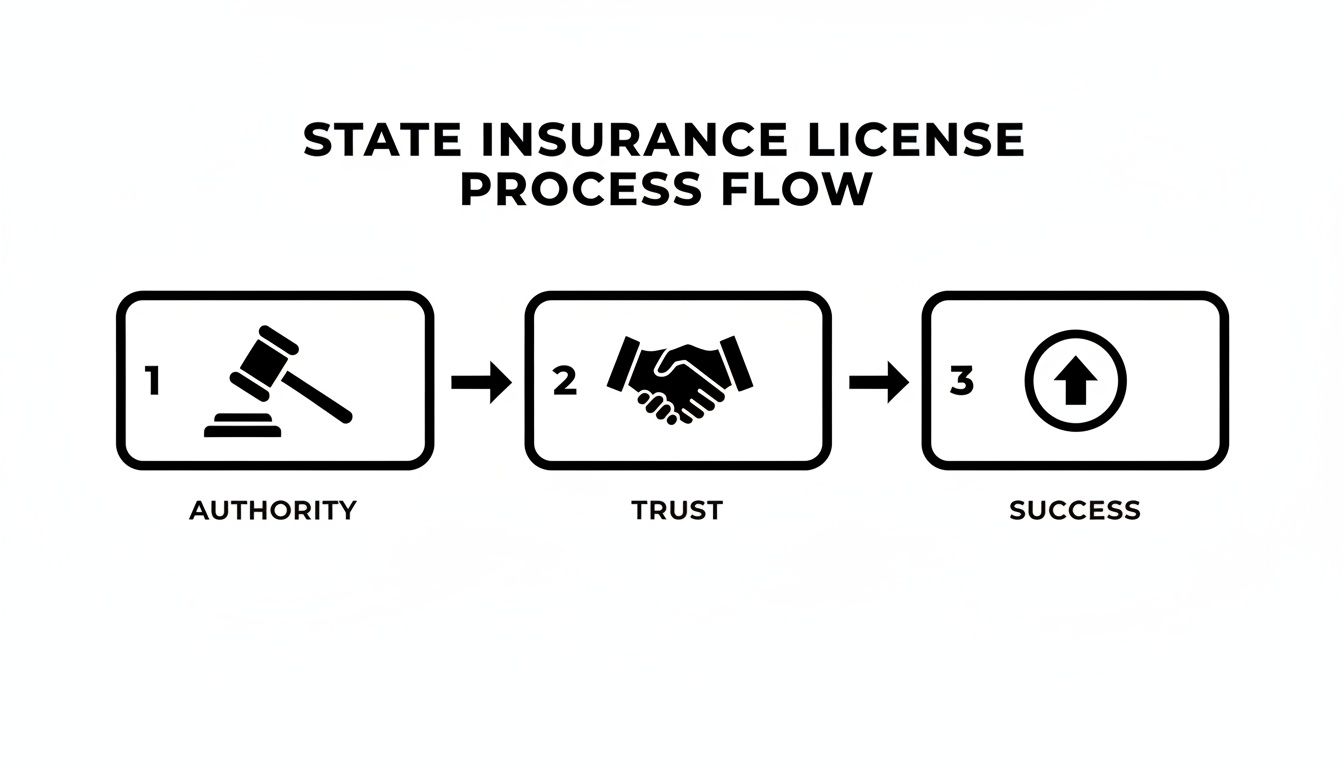 state insurance license process flow Your Guide to Getting a State Insurance License A state insurance license is the single most important document for any professional selling, soliciting, or negotiating insurance. It’s the official, state-sanctioned green light that says you've met the bar for ethics, education, and competence. Think of it as a critical layer of protection for the public. Diagram illustrating the state insurance license process flow, detailing steps for Authority, Trust, and Success.