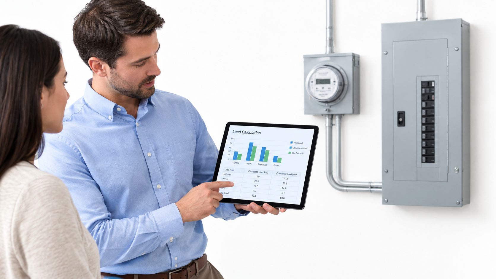 A professional electrical consultant explaining energy load calculation data to a client using a digital tablet.