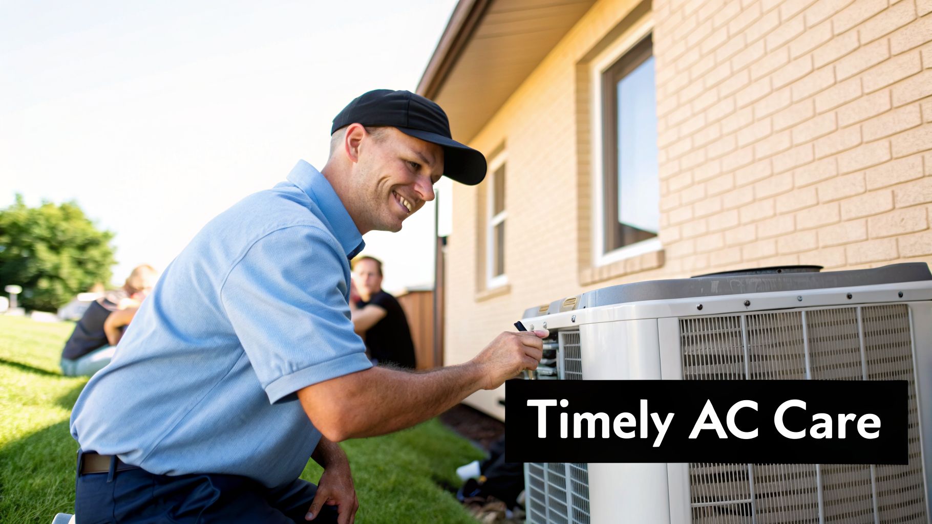 A smiling technician in a blue shirt and black cap services an outdoor air conditioning unit.