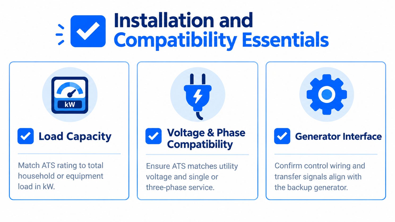 An infographic highlighting the three essential factors for installing an automatic transfer switch, including load capacity, voltage, and generator compatibility.