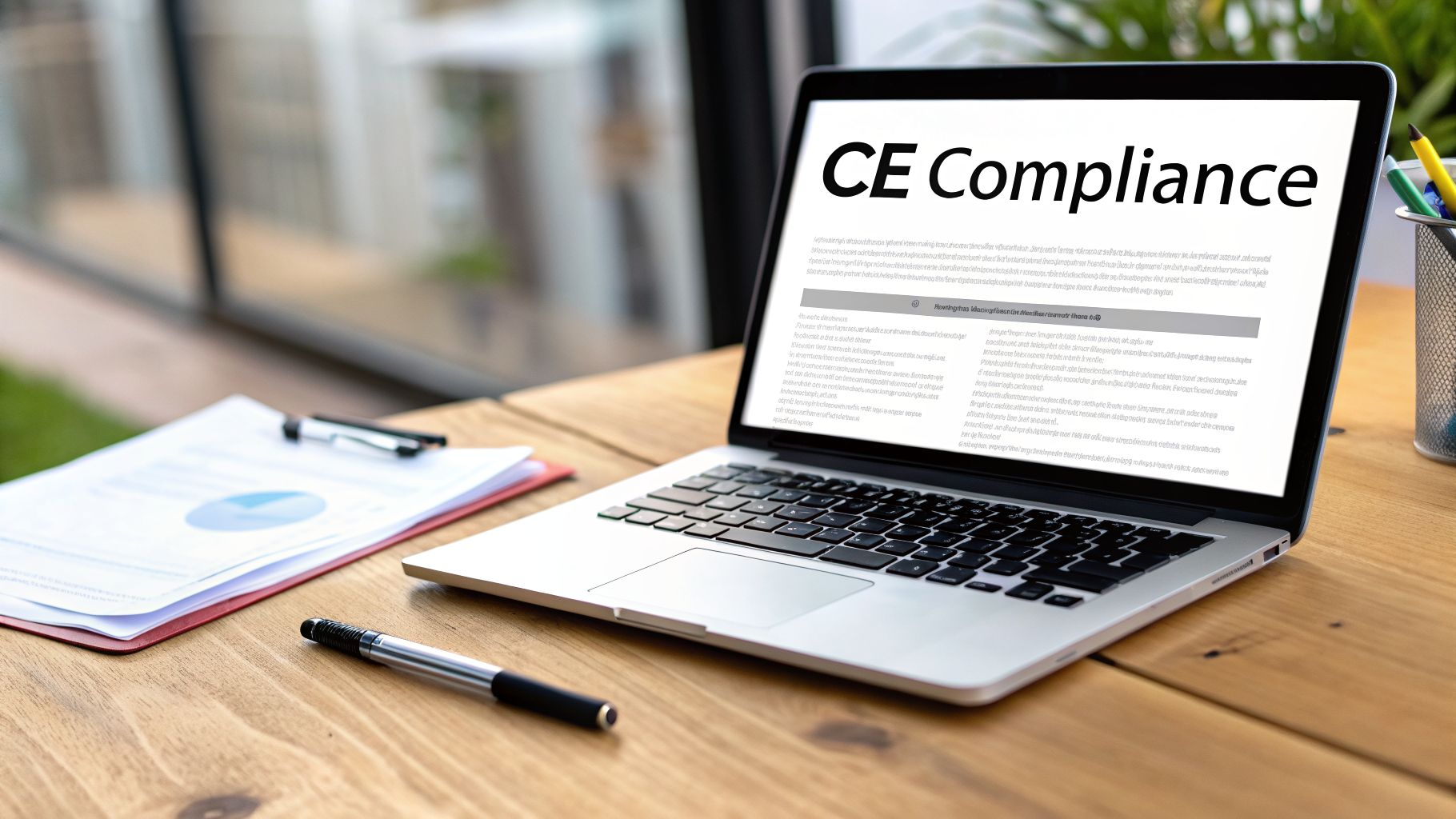 Laptop screen displaying 'CE Compliance' with documents, a pen, and a chart on a wooden desk.