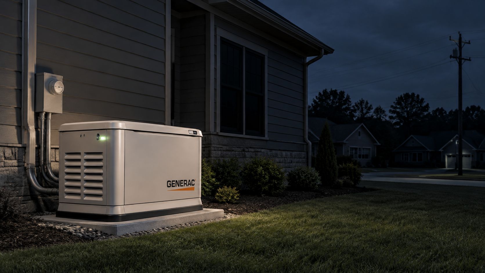 A Generac home standby generator installed on a concrete pad next to a house exterior at night.