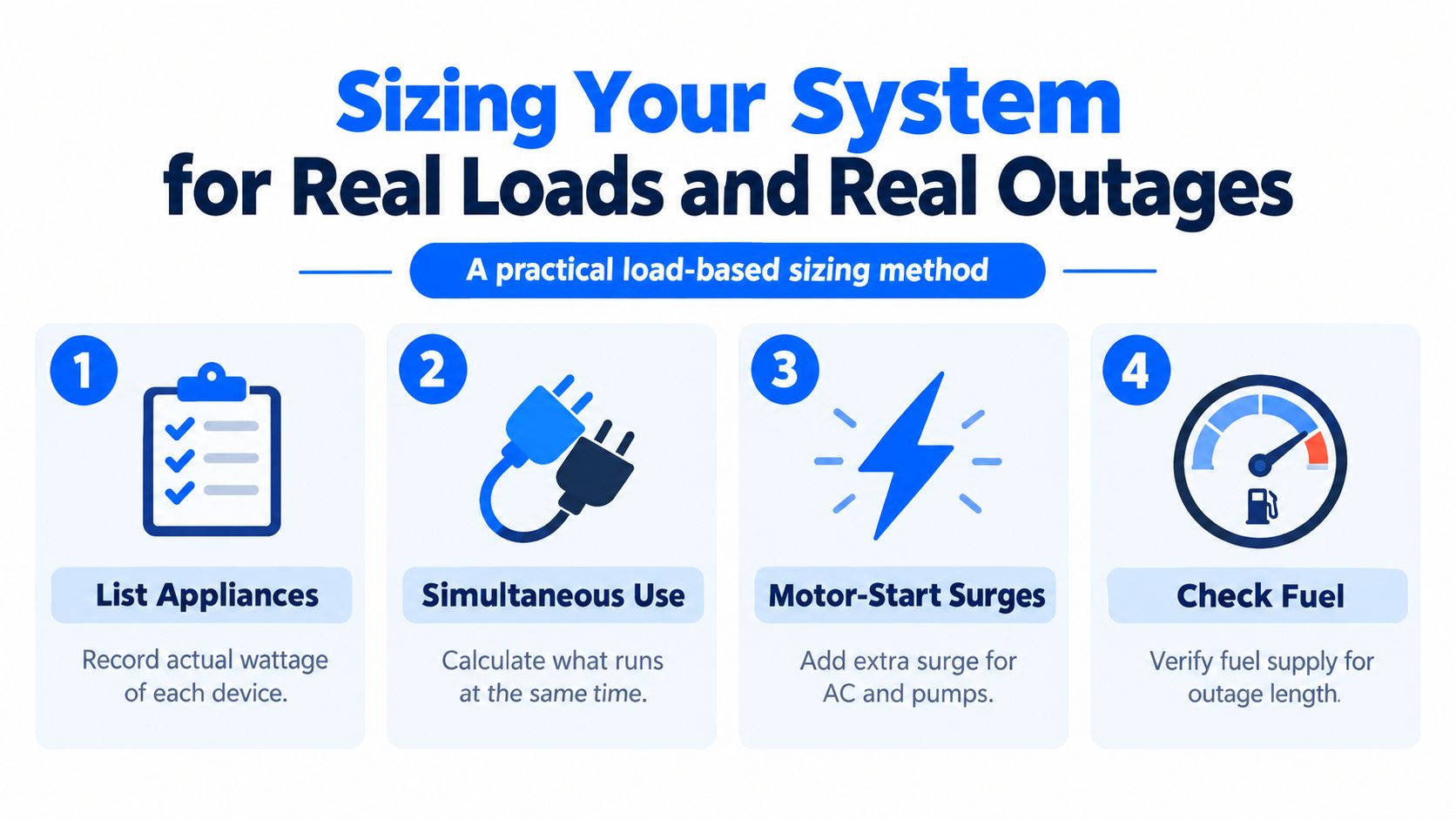 A step-by-step infographic illustrating a practical load-based sizing method for a whole house backup generator system.