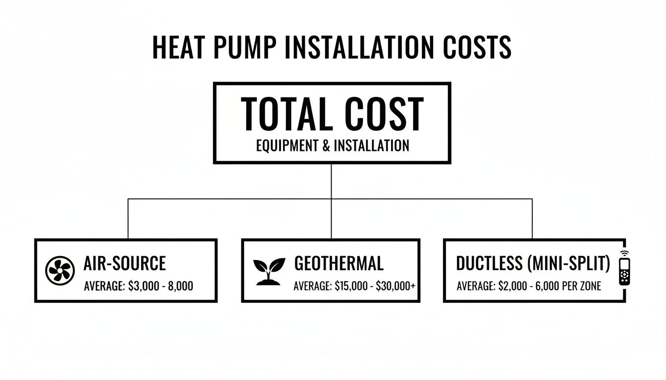 A diagram illustrating heat pump installation costs, categorized by air-source, geothermal, and ductless mini-split systems.