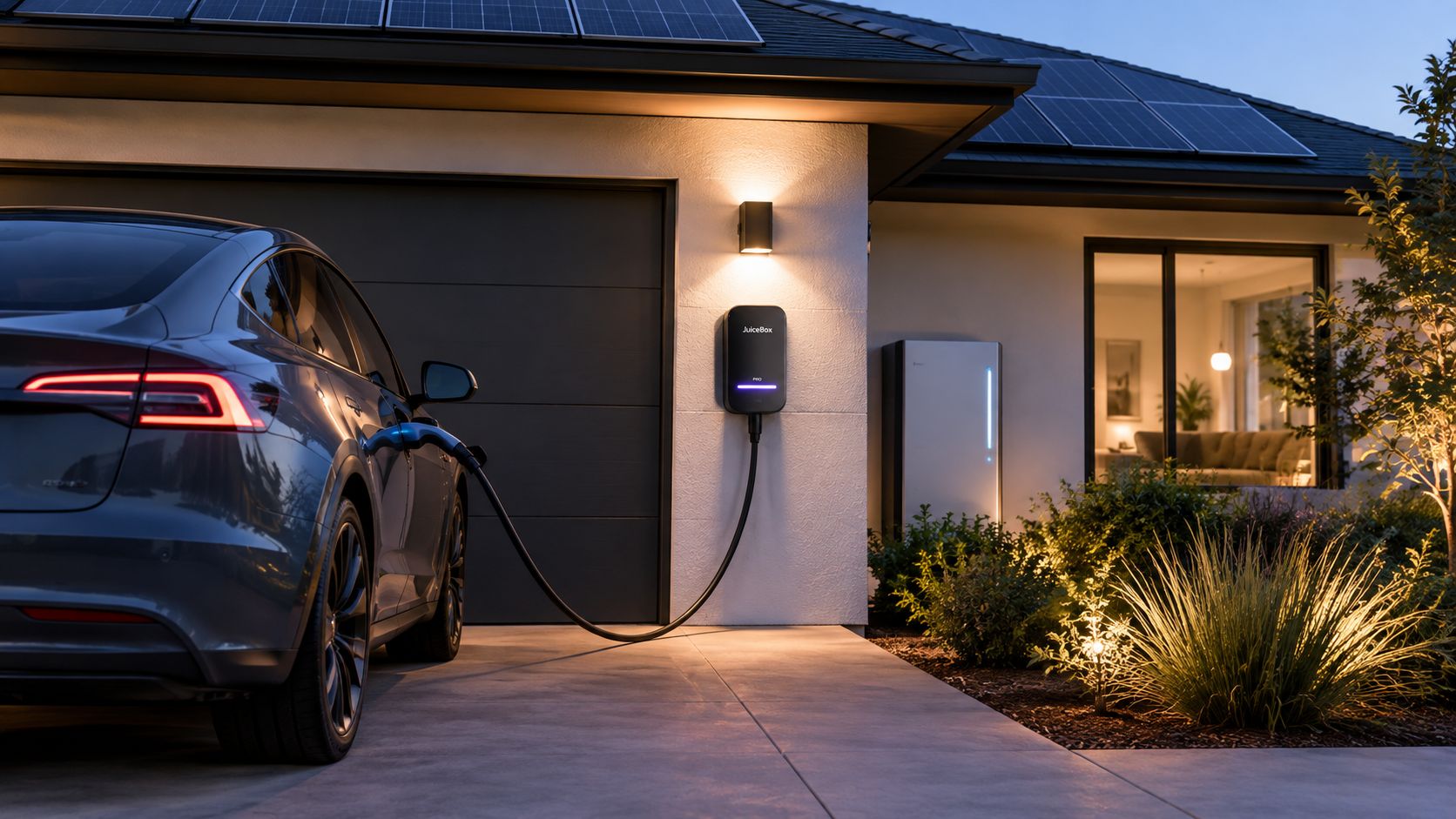 A modern electric vehicle parked in a residential driveway charging via a JuiceBox level 2 wall charger.