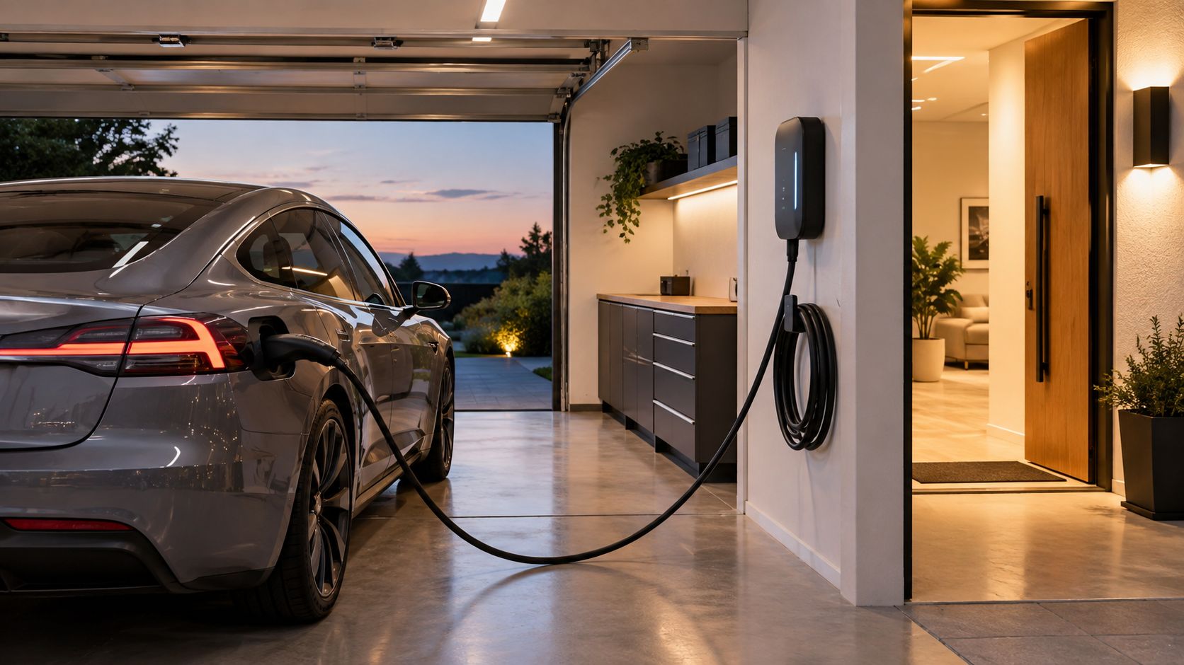 A modern grey electric vehicle parked in a garage connected to a home level 2 charging station.