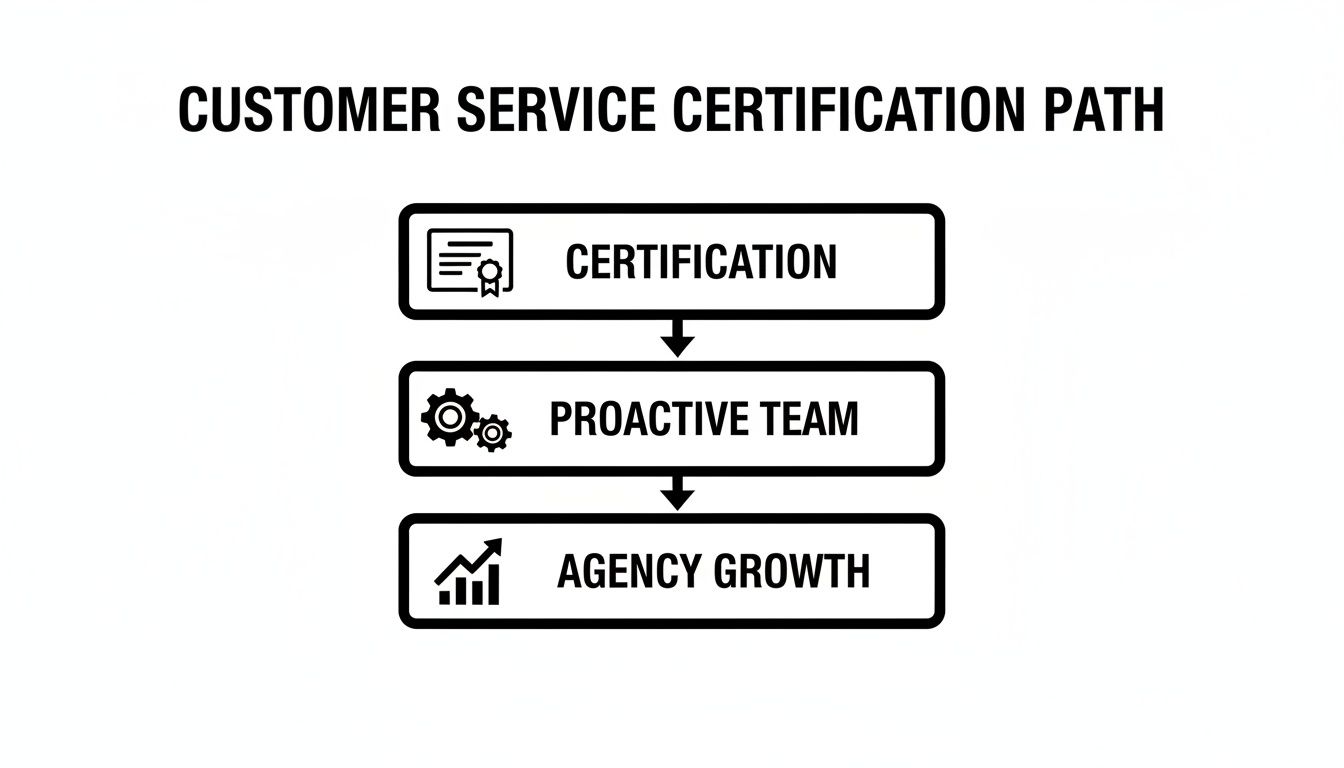 A flowchart outlining the customer service certification path, progressing from certification to a proactive team and agency growth.