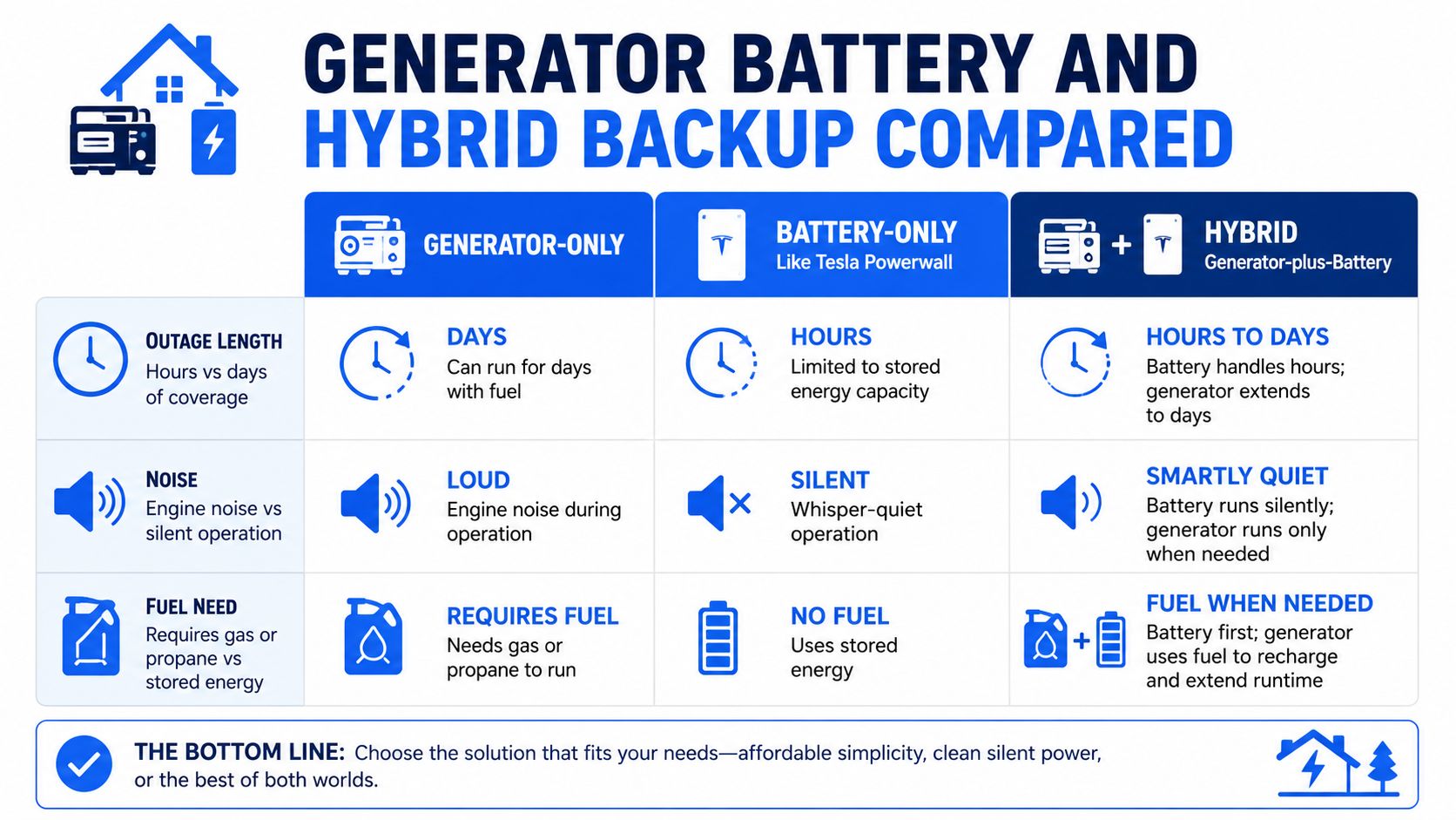 A comparison chart showing the differences between generator-only, battery-only, and hybrid home backup power systems.