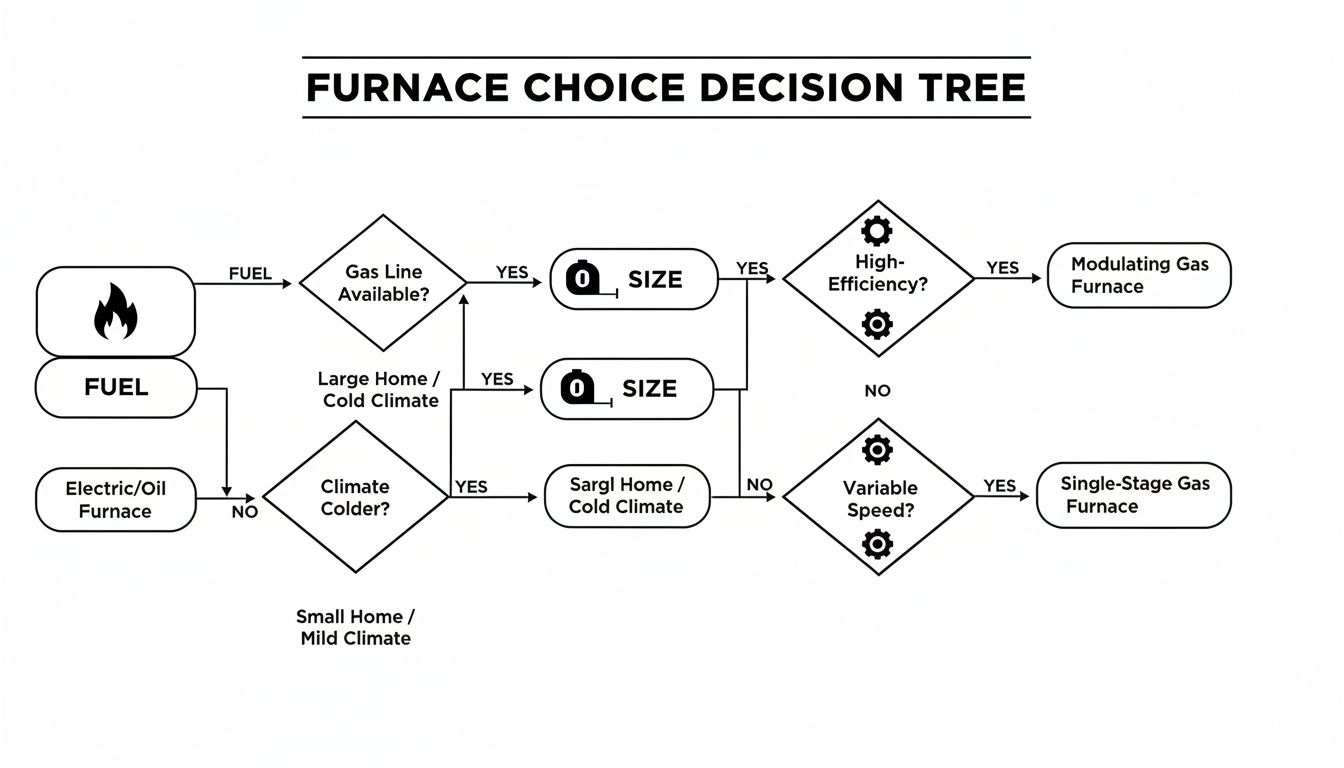 how to choose a furnace furnace guide How to Choose a Furnace for Your West Michigan Home When you're figuring out how to choose a furnace, it's tempting to get caught up in high-efficiency ratings and all the latest bells and whistles. But here’s the thing: none of that matters if the furnace is the wrong size for your home. A decision tree flowchart guides furnace selection based on fuel, gas line, home size, climate, efficiency, and fan speed.