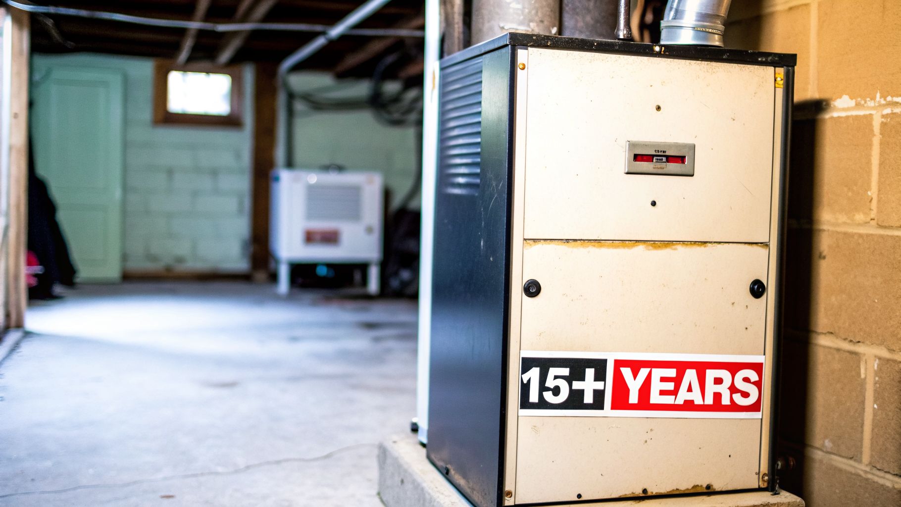An old residential furnace with a '15+ YEARS' sticker prominently displayed in a basement.
