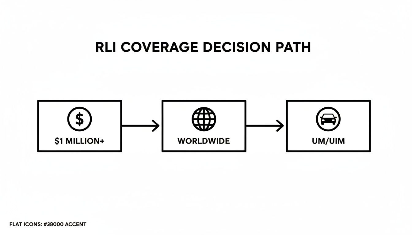 A flowchart illustrates the RLI coverage decision path: $1 Million+, Worldwide, and UM/UIM.
