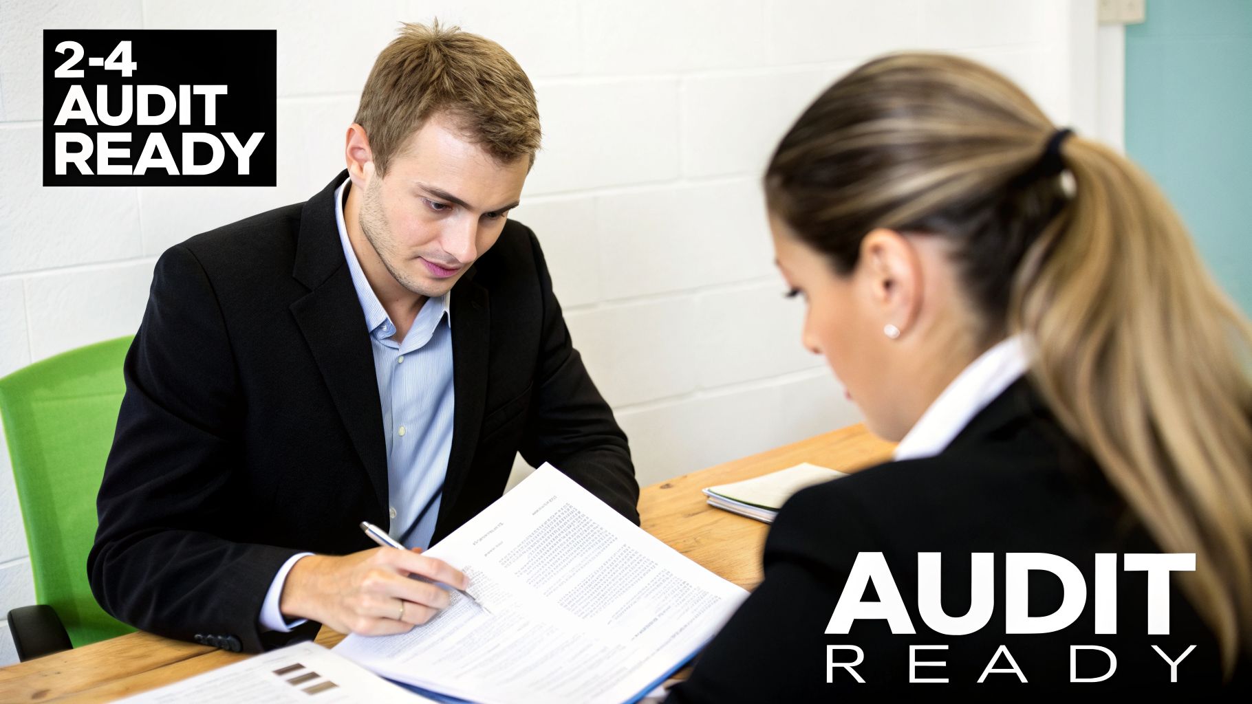Two professionals, a man and a woman, review audit documents at a desk, ready for an audit.