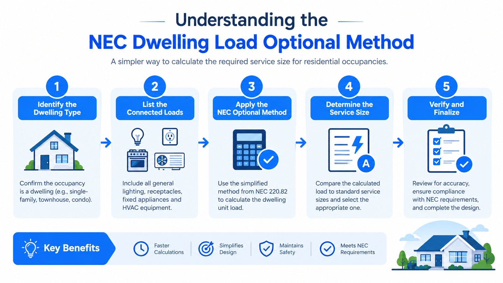 A step-by-step infographic explaining the NEC Dwelling Load Optional Method for calculating residential electrical service sizes.